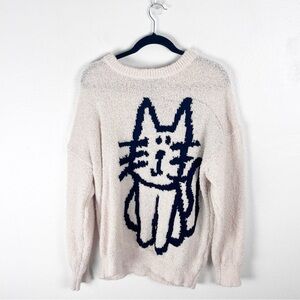 AELFRIC EDEN Cream Fuzzy Drop Shoulder Long Sleeves Cat Graphic Sweater Small